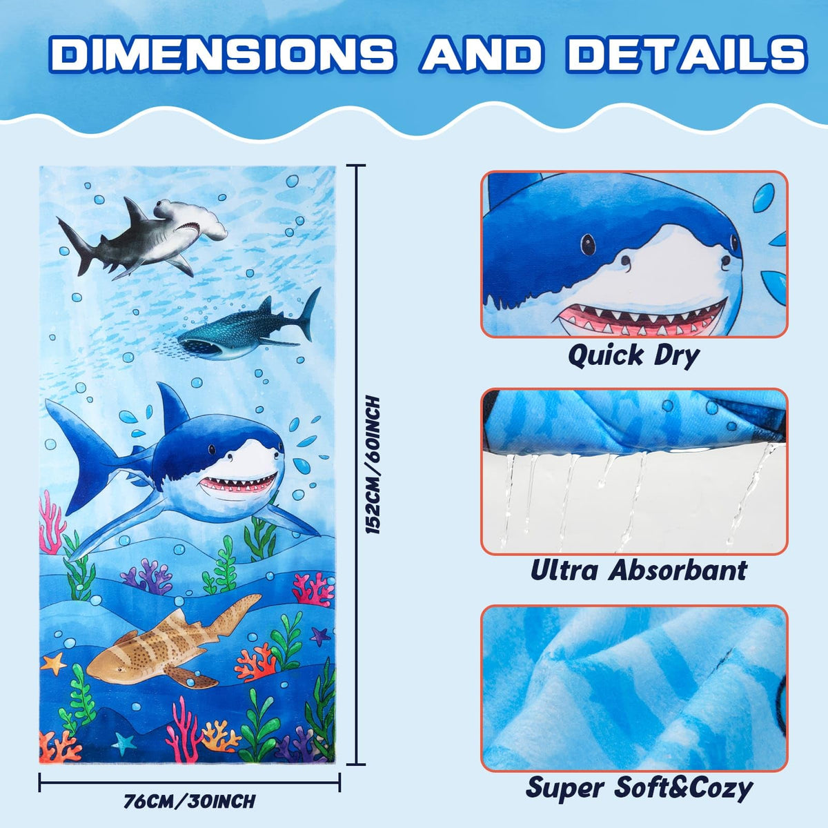 WERNNSAI Kids Beach Towel for Boys, Shark Quick Dry Swim Towel