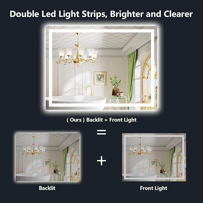 YEELAIT 44x36 Inch LED Bathroom Mirror with Lights Front and Backlit Lighted Vanity Mirror for Bathroom Wall with 3 Colors Dimmable Anti-Fog Memory Shatter-Proof IP54 Waterproof Horizontal/Vertical
