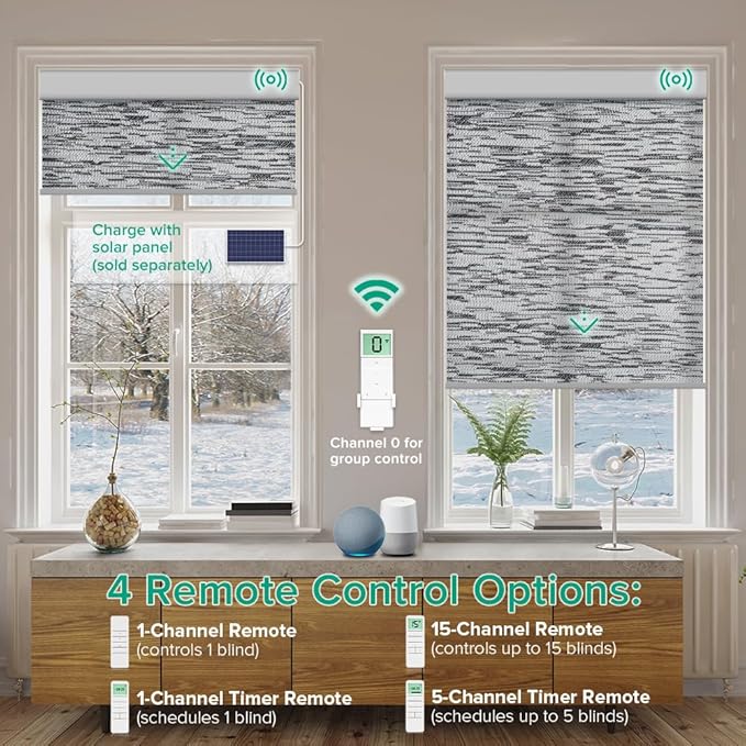 Kilonity Motorized Roller Shades, Light Filtering Remote Control Custom Window Shades Compatible with Alexa Google Assistant via RF Hub, Rechargeable Electric Blinds for Windows (Texture Black Grey)