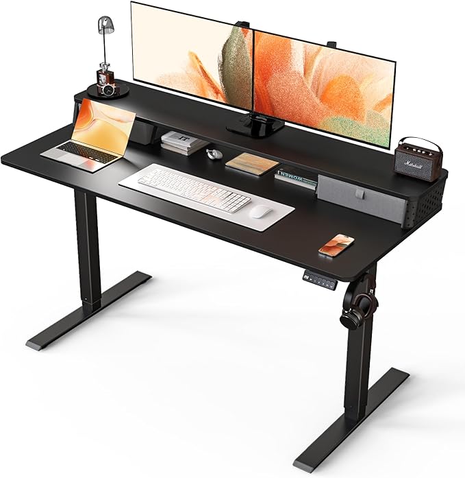 Electric Standing Desk with 2 Drawers 55''x 24'' Adjustable Height Sit to Stand Up Desk with Storage Shelf, C-Clamp Mount Compatible Black Home Office Desks Computer Gaming Table Ergonomic Workstation