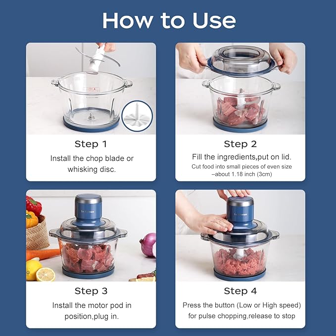 La Reveuse Electric Food Processor, 7-Cup Food Chopper Glass Bowl, Blue