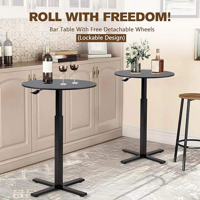 Round Cocktail Bar Table,Height-Adjustable Round Pub Table 23.8 Inches with Removable Wheel,Dual-Use for Kitchen, Coffee Bar, Pub, Office or Dining (Black), Set of 1