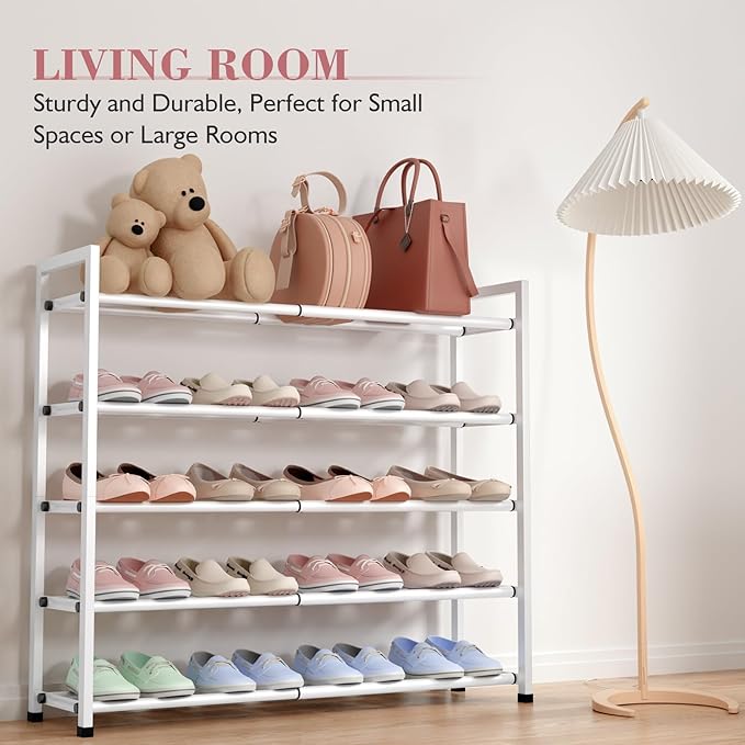 Bumusty 5-Tier Expandable Shoe Rack for Closet, 18“-33” Adjustable Shoe Rack for Small Space, Small Shoe Organizer for Front Door, Sturdy Metal (White)