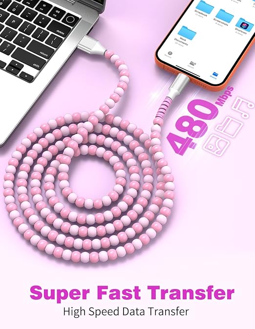 Jelanry 3FT USB-A to USB-C Fast Charging Cable Beaded &ampData Sync Women Girl | Cute kawaii beaded cable for iPhone 17/16/15 Samsung S26/S25/S24 Pixel iPad Fast charge for daily use office &amp tra