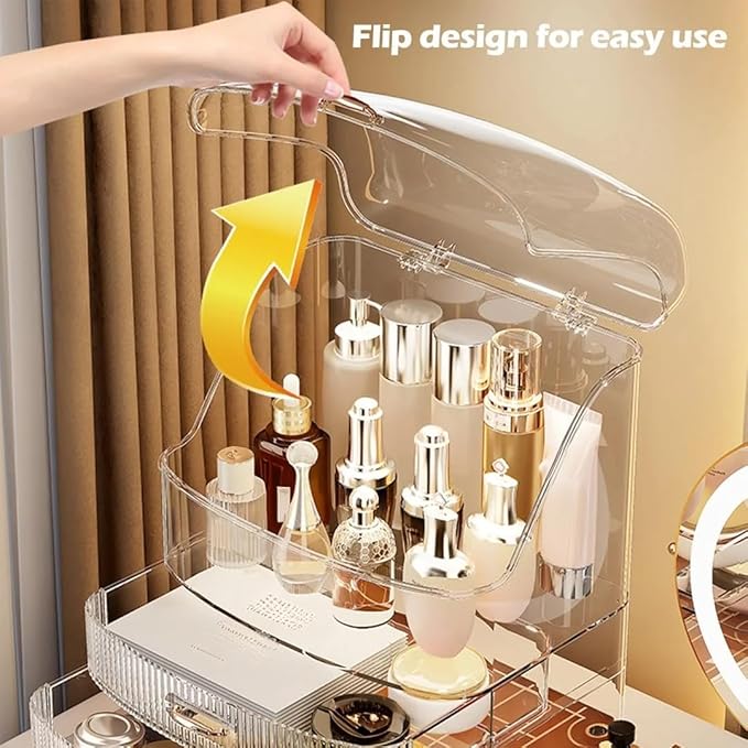 Clear Makeup Organizer Countertop with Drawers and Lid, Dustproof Organizers and Storage for Bathroom Vanity, Ideal for Cosmetic, Beauty Supplies -White