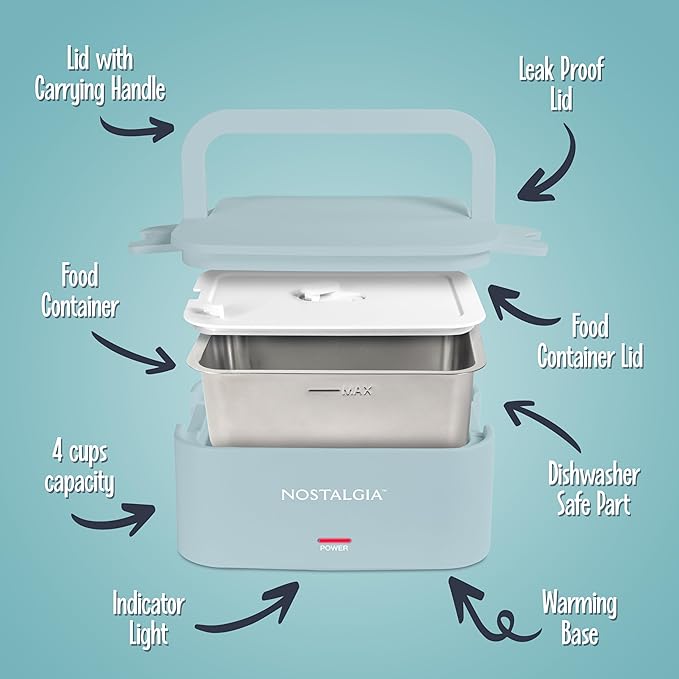 Nostalgia 32-Ounce Heated Electric Lunch Box – Travel Size 4 Cup Capacity for Soup, Pasta, and Leftovers – Leak-Proof Silicone Sealed Lid, Foldable Carry Handle, Detachable Cord – Chambray