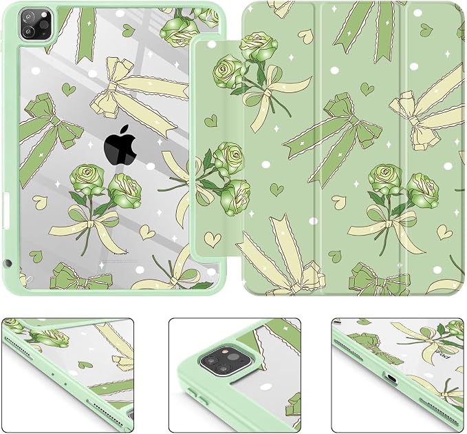 Tuiklol for iPad Pro 11 Inch 4th / 3rd / 2nd / 1st Gen (2022 2021 2020 2018) Case -Built-in Pencil Holder Shockproof Cover Clear Transparent Back Shell with Auto Wake/Sleep Black Flower