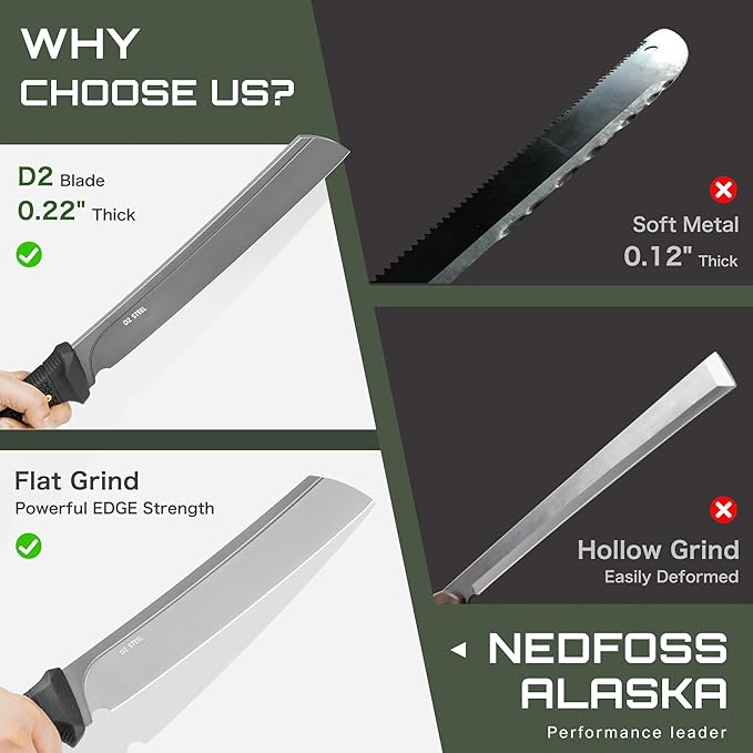 NedFoss 16" Survival Machete with Sheath, D2 Steel 0.22" Thick Full Tang Blade Machete Knife with Flat Grinding, Machete for Cutting Trees, for Yard Work, Clearing Brush with TPE Handle