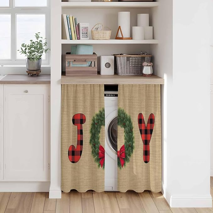 Red Green Christmas Kitchen Curtains 54 Inch Long 2 Panel Set, Rod Pocket