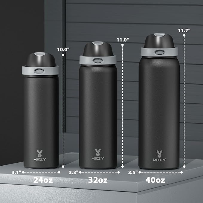 24 oz Insulated Water Bottle for Sports: Meoky Stainless Steel Water Bottle with 2-in-1 Straw and Spout Lid - Leak Proof, Cold for 24 Hours, Fits in Car Cup Holder, BPA-Free for Travel Gym, Night