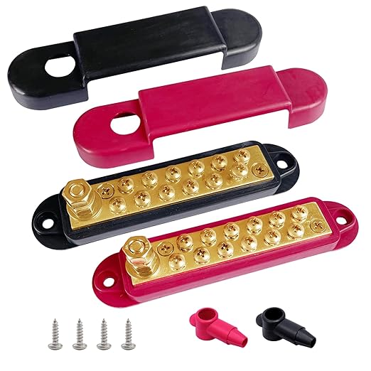 1/4" Stud Power Distribution Block Bus Bar with 12 x #8 Screws, Ampper 5.3" 12V 150A Marine BusBar Brass Battery Distribution Block W/Cover for Car Boat Solar (Red & Black)