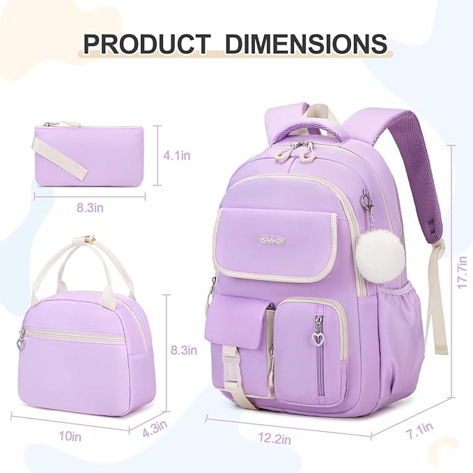 Backpacks for Girls, 3PCS School Backpack with Lunch Box Pencil Pouch for Teen Girls Kids Elementary Primary Middle High College Daypack School bag Bookbag Set（Purple）