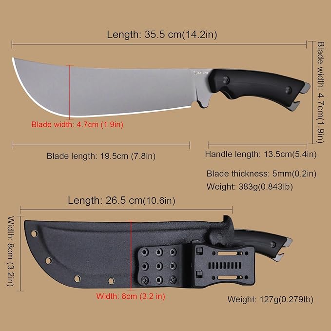 BA-KOR 14.1-inch full tang (9CR18MOV) Survival Machete + K-type sheath and 5.9-inch cerium-powered igniter. Suitable for outdoor hunting, camping, obstacle clearance, barbecuing, fishing, kitchen cutting for daily carry (EDC), and as a gift.