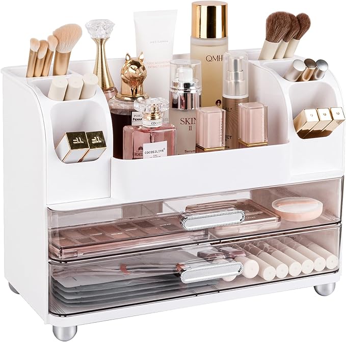 Anyoifax Makeup Organizer Countertop with Large Drawers, Vanity Organizer with Brush Holder, Skin Care Storage for Dresser, Perfume Organizer for Lotion, Lipsitck, Palette, White