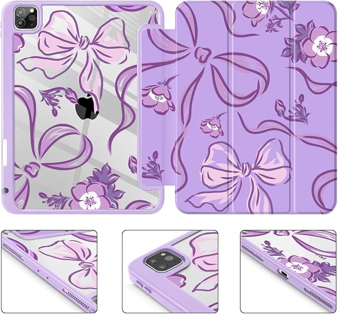 Mektron Case for iPad Pro 11 inch Case M2 2022 Generation 4th Fit 2021 2020 2018 iPad Pro 11 (3rd 2nd &amp 1st Gen) -Buit in Pencil Holder with Shockproof Cover Clear Shell Blue Bows &amp Flower