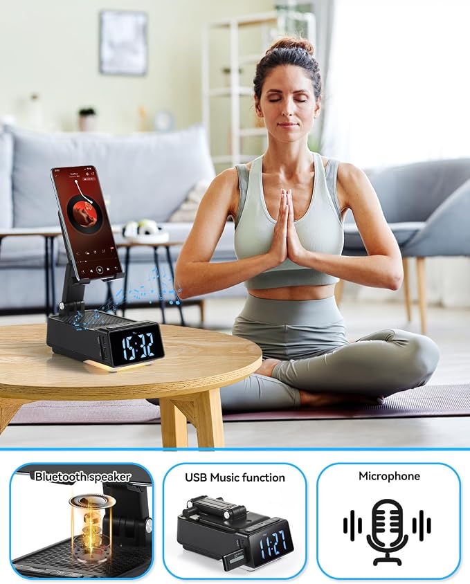 Birthday Gifts for Women Men 7 in 1 Multi-Function Phone Stand with Bluetooth Speaker Portable Charger Alarm Clock LED Light USB Playback Hands-Free Calling (Black)