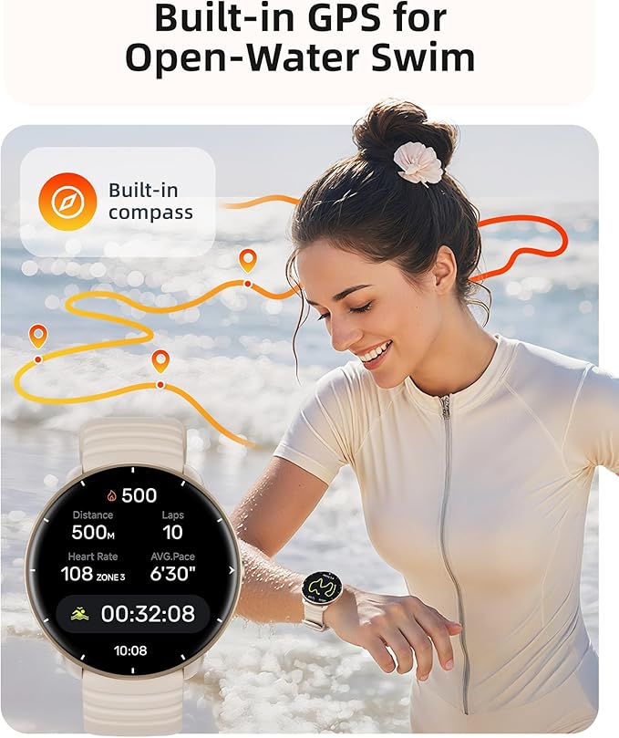Parsonver Smart Watch for Swimming, 5ATM Waterproof Watch for Pool & Open Water, AI Swim Analysis, Built-in GPS & Compass, AMOLED Fitness Tracker 100+ Sport Mode, Heart Rate Sleep Monitor, French Grey