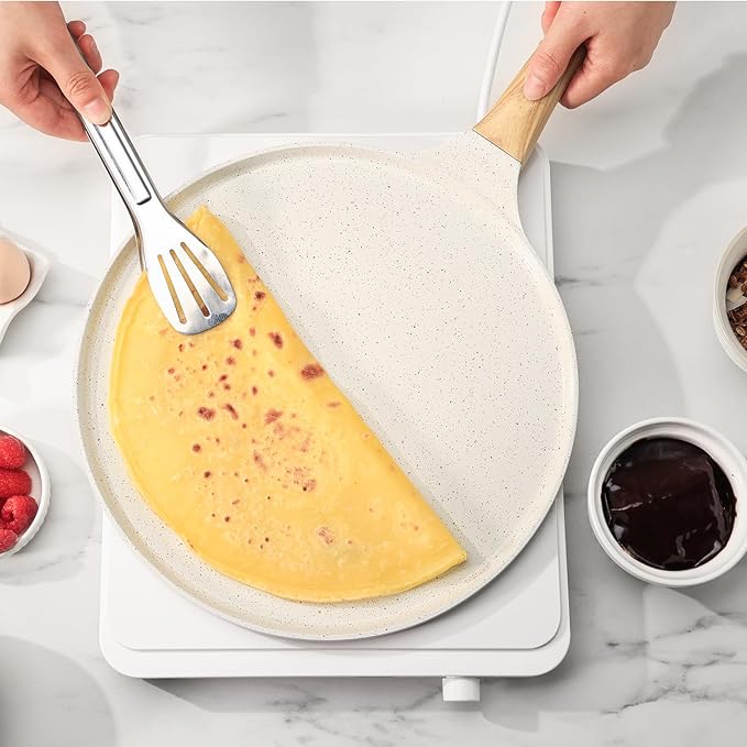 SENSARTE Nonstick Crepe Pan with Spreader, 10-Inch Natural Ceramic Coating Dosa Pan Pancake Flat Skillet Tawa Griddle with Stay-Cool Handle, Induction Compatible (White)