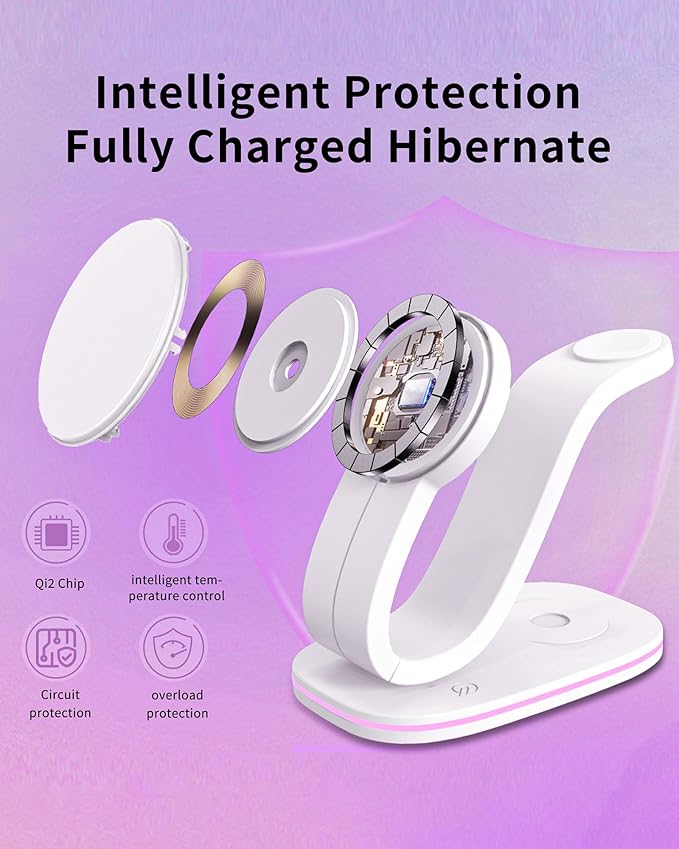 3 in 1 Wireless Charging Station for Qi2 Apple Multiple Devices, 30W USB C Adapter&Light, Fast Mag-Safe Charger Stand Compatible with iPhone 16 15 14 Pro Max, Apple Watch Series 10 9 & Airpods 4 3 Pro