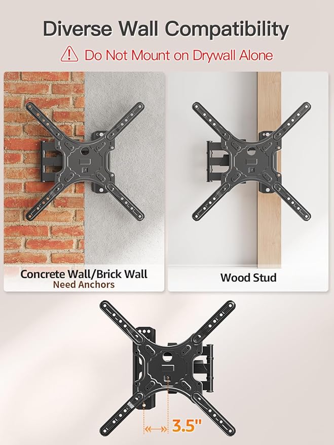 ELIVED TV Wall Mount for Most 26-60 Inch TVs, Swivel and Tilt Full Motion TV Mount with Single Stud Perfect Center Design, Wall Mount Bracket Max VESA 400x400mm, Corner Mount Holds up to 77 lbs.