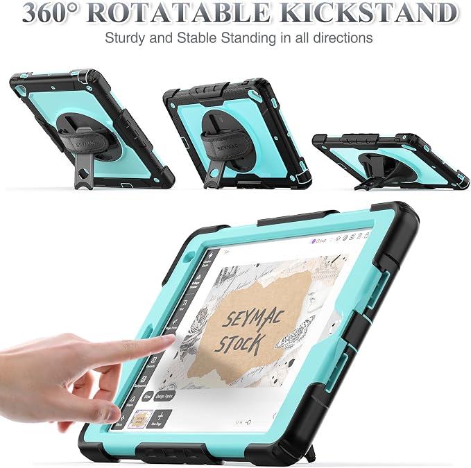 SEYMAC stock Case for iPad 6th / 5th Generation Case/Air 2 / Pro 9.7 inch Heavy Duty Protective with Screen Protector with Pencil Holder Hand Strap Shoulder Strap 360 Rotate Stand Black