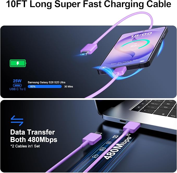 Super Fast Charger Type C 25W USB C Wall Charger Fast Charging for Samsung Galaxy S26 Ultra/S26/S26+/S25 Ultra/S25/24 Ultra/S24/S23 Ultra/S22 Ultra with 10FT Long Android Type C Charger Cable 2Pack