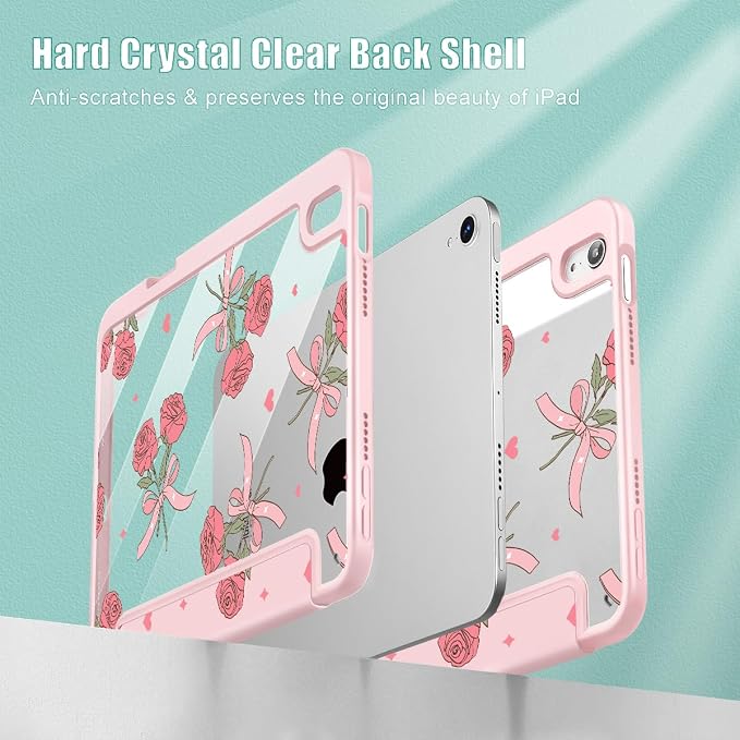 Case for iPad mini (A17 Pro 7th Generation) 2024/iPad Mini (6th Gen) 8.3 Inch with [Built-in Pencil Holder] Shockproof Cover with Clear Transparent Back Shell &amp Auto Wake/Sleep - Blue Bows