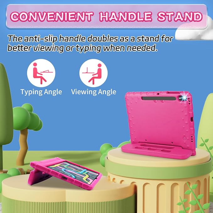 Heavy Duty Kids Case for Samsung Galaxy Tab S7 FE/S7 Plus/S8 Plus 12.4 inch | Rugged Protection Cover for Galaxy Tab S8+/Tab S7 FE/S7+ 2022/2021/2020 with S-Pen Holder Handle StandEVA Foam Rose Red