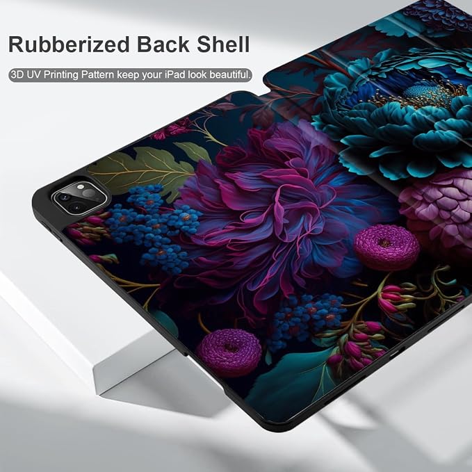 MEEgoodo for iPad Pro M2 12.9 Case 6th/5th/4th/3rd Generation 2022 2021 2020 2018 with Pencil Holder Tablet Cover with Soft TPU Back Shell Art Painted Flowers