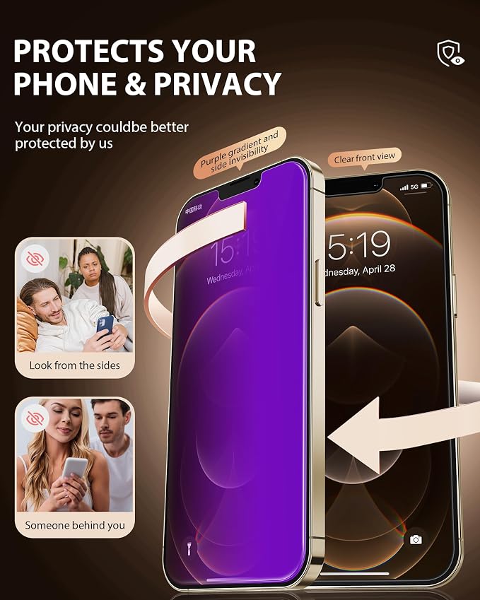 PDDKISS Compatible for iPhone 12/12 Pro Privacy Screen Protector | Pink Gradient Anti Spy Anti Blue Light HD 6.1 Inch Tempered Glass Easy Installation
