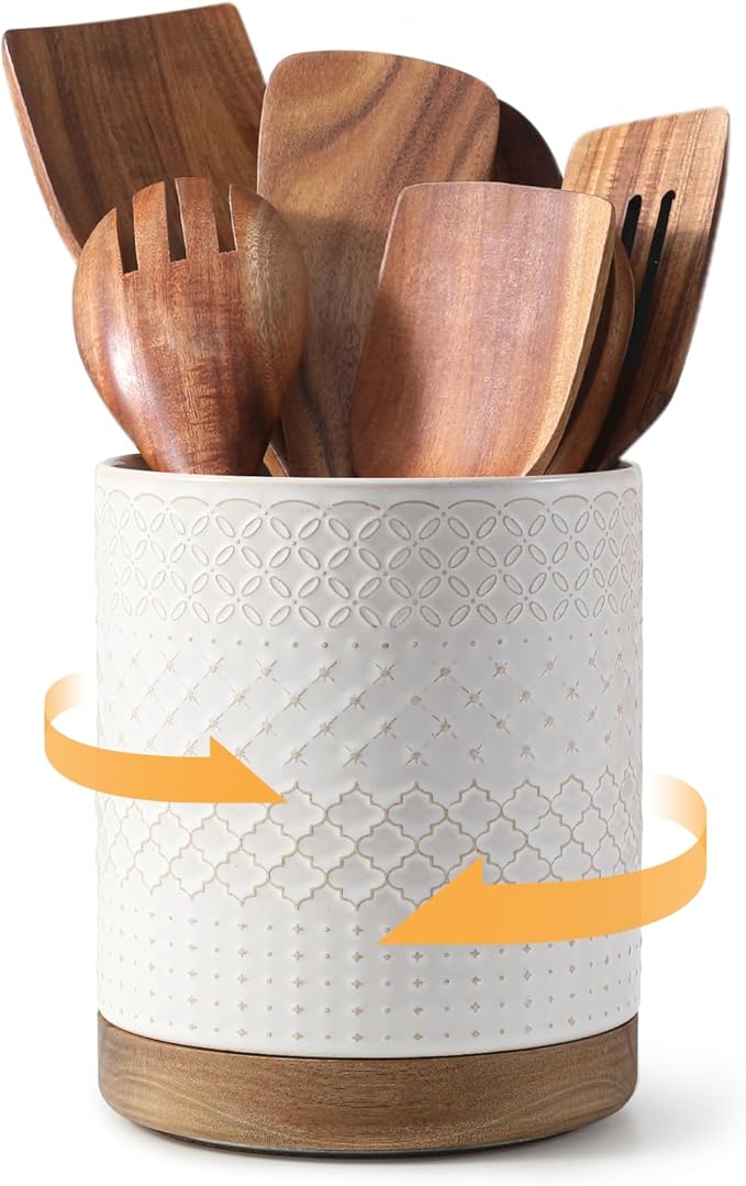 DOWAN 360° Rotating Extra Large Cooking Utensil Holder, 7.6" Kitchen Utensil Holder for Countertop, Utensil Crock for Farmhouse Kitchen Decor, Ceramic Stable Utensil Caddy, White Embossed
