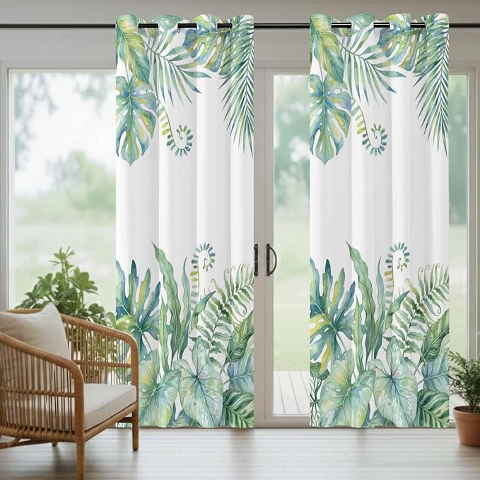 Leaves Outdoor Curtains for Patio Green Leaf Tropical Plants Farmhouse Pastoral