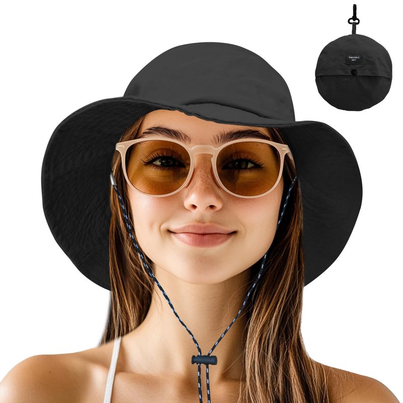 NPJY Packable Quick Dry Sun Bucket Hats for Women Lightweight Outdoor Waterproof Rain Hat with Detachable Chin Strap Small-Medium （Size: 22-22 3/4） Black