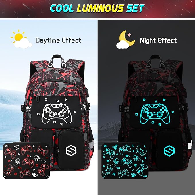 Boys Backpack, Cool Luminous Gamer School Backpacks for Boys with Kids Bento Lunch Box Lunch Bag Pencil Case, Kids Backpack Book Bags for Kindergarten Elementary Middle School