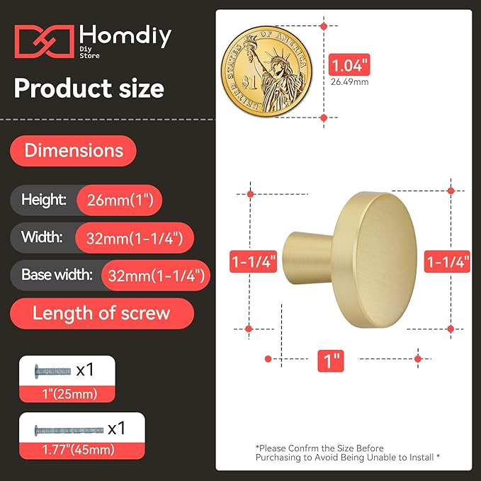 homdiy 25 Pack Gold Cabinet Knobs Round Brushed Brass Kitchen Handles Zinc Alloy Metal Hardware for Dresser Drawer Desk Cupboard