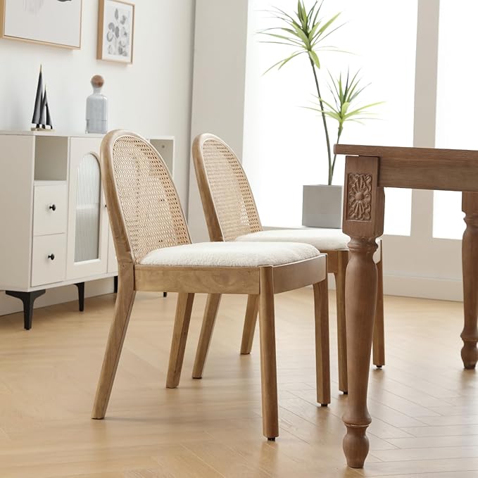 Mid Century Dining Chairs Set of 6, Accent Rattan Side Chairs Sherpa Fabric Kitchen Chair with Solid Wooden Legs for Living Room Dining Room, White