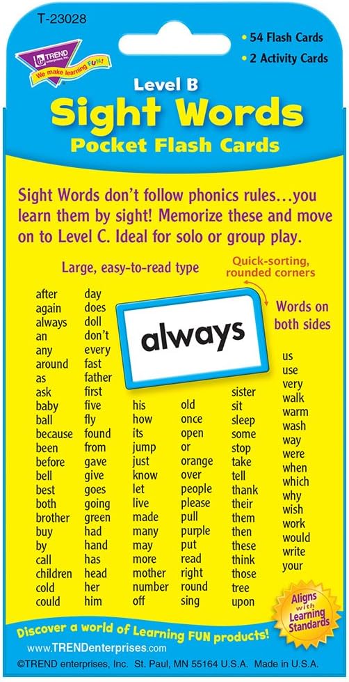 Trend Enterprises: Sight Words Level B Pocket Flash Cards, Great for Skill Building and Test Prep, 56 Two-Sided Cards Included, 108 Commonly-Used Words, for Ages 5 and Up