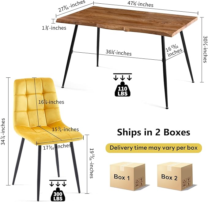 NORDICANA 5-Piece Dining Table Set, 47 in Modern Irregular Rectangle Kitchen Table & 4 Yellow Velvet Upholstery Side Chairs, Metal Legs, Dining Room Set for 4