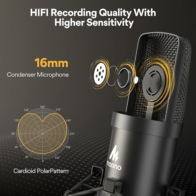 USB Microphone, MAONO 192KHZ/24Bit Plug & Play PC Computer Podcast Condenser Cardioid Metal Mic Kit with Professional Sound Chipset for Recording, Gaming, Singing, YouTube (AU-A04)