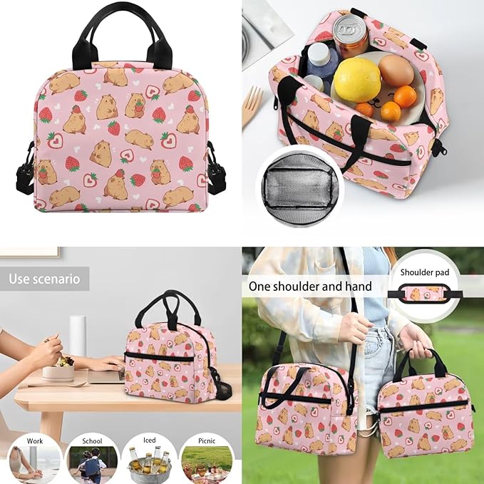 Kids School Bag Set Strawberry Capybara Backpack for Girls Schoolbag Set with Lunchbox Pencil Case Water Bottle Sleeve Elementary Preschool Kindergarten Bookbag 4 IN 1