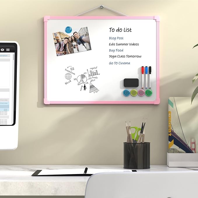 MaxGear Double-Sided Dry Erase Board for Wall, 16"x12" Hanging Whiteboard, Small Dry Erase White Board, Portable Whiteboard for Planning, Drawing, Memo, to Do List, Pink Frame