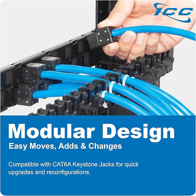 ICC 24-Port CAT6A Keystone 1U Patch Panel with CAT6A Keystone Jacks, 19” Rackmount Housing and Cable Support Bar, Staggered Ports to Reduce ANEXT, UL Listed PoE++ Compliant, ICMPP246AU