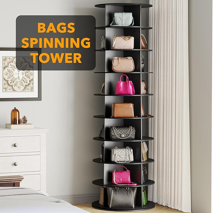 SpaceAid 9 Tier Rotating Shoe Rack Tower, Spinning Shoe Display Lazy Susan, Revolving 360 Shoe Rack Storage Round Carousel, Vertical Handbag Rotate Shoes Closet Organization (9-Tier Black)