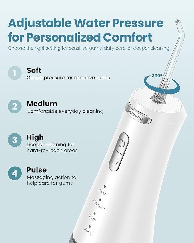 Onlyone Rechargeable Cordless Water Flosser with Adjustable Water Pressure for Daily Oral Care, Power Dental Flosser for Home and Travel Use, Portable Oral Irrigator for Sensitive Gums and Braces Care