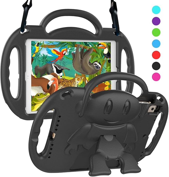 SUPLIK Kids Case for iPad 5th/6th Generation (9.7 inch 2017/2018) iPad Air 1 &amp Air 2 &amp Pro 9.7 Case with Shoulder Strap Handle Stand for Apple iPad 5/6 &amp iPad Air 1st/2nd Gen Black