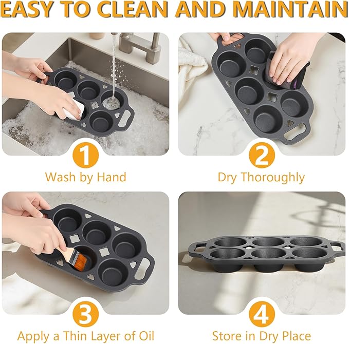 COSORM Pre-Seasoned Cast Iron Muffin Pan - 6-Cup Nonstick Cupcake Pan, 2 Piece Set