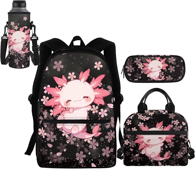Cherry Blossom Axolotl Backpack for Girls with Lunch Box Pencil Purse 4pcs/set Kids School Bag 1st 2nd 3rd Grade Bookbag Kindergarten Schoolbag Middle School Water Bottle Sleeve