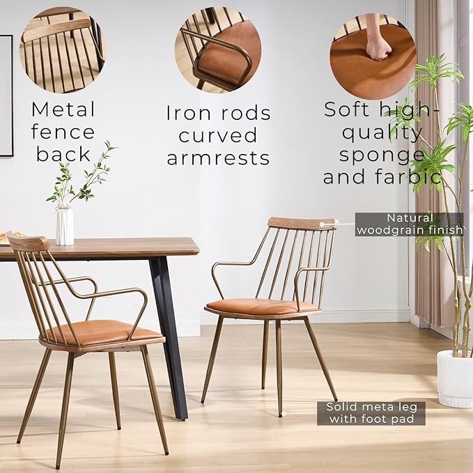 Modern Dining Chairs Set of 6, PU Upholstered Dining Chairs with Metal Legs, Wood Kitchen Chairs with Fence-Like Back and Curved Arm for Dining Room Kitchen Restaurant Reception (Brown)