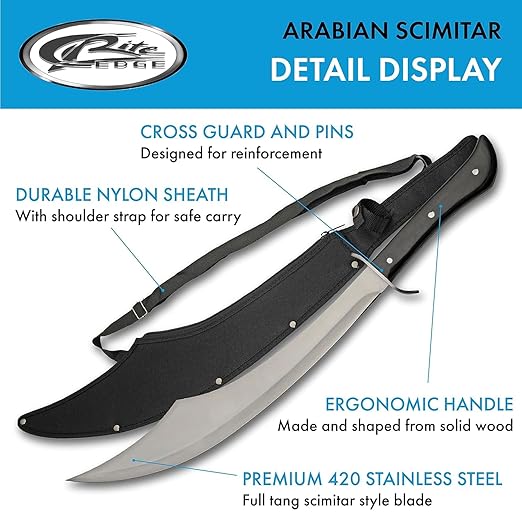 SZCO 25" Arabian Scimitar Machete – Full Tang Curved Arabian Sword with 18" Stainless Steel Blade, Black Wood Handle & Nylon Sheath – Real Sword for Adults, Camping & Display