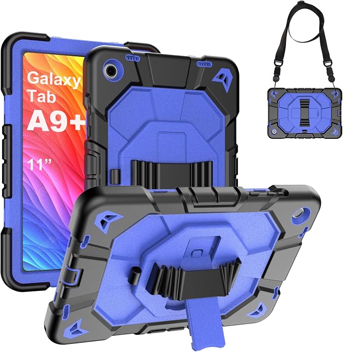 Heavy Duty Shockproof Case for Samsung Galaxy Tab A9+ Plus 11 2023 (SM-X210/X216/X218) [Dual Front Frame] with/No Screen Protector 360 Rotating Stand Hand &amp Shoulder Strap (Black/Black)